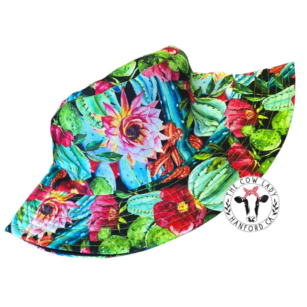 Hippie Flower Festival Reversible Bucket Hat Desert Cactus Cacti Black Cap NEW